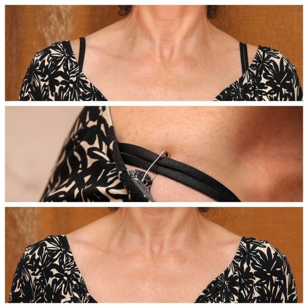 Pin your bra straps to the inside of your shirt with a mini safety pin to hide them or keep them from slipping off of your shoulder.